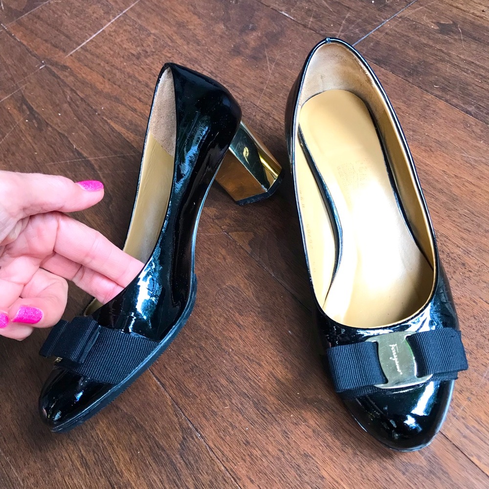 Salvatore Ferragamo black patent with gold heels